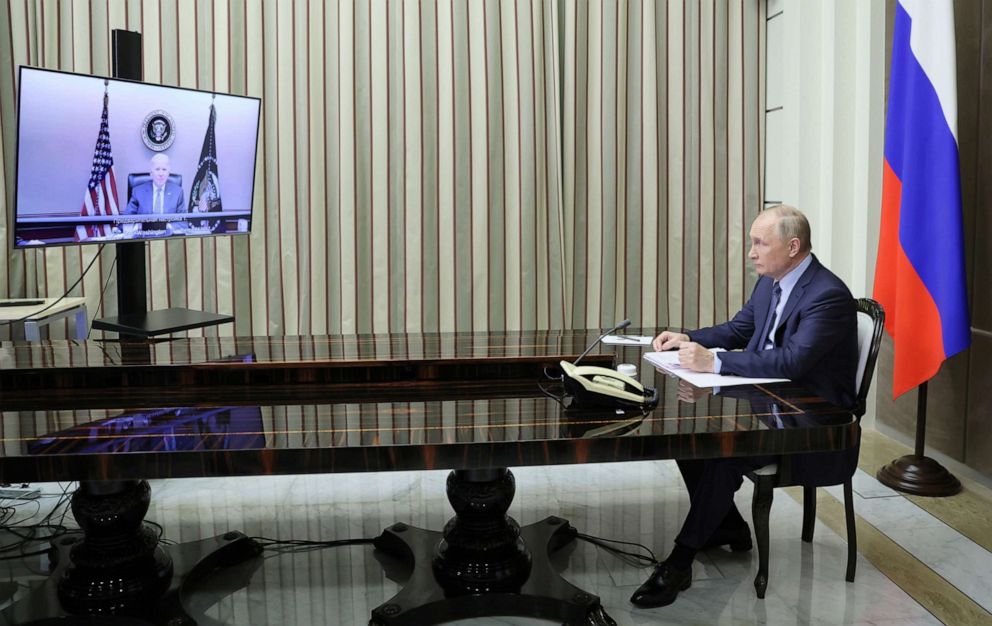 PHOTO: Russian President Vladimir Putin holds talks with President Joe Biden via a video link in Sochi, Russia, Dec. 7, 2021.