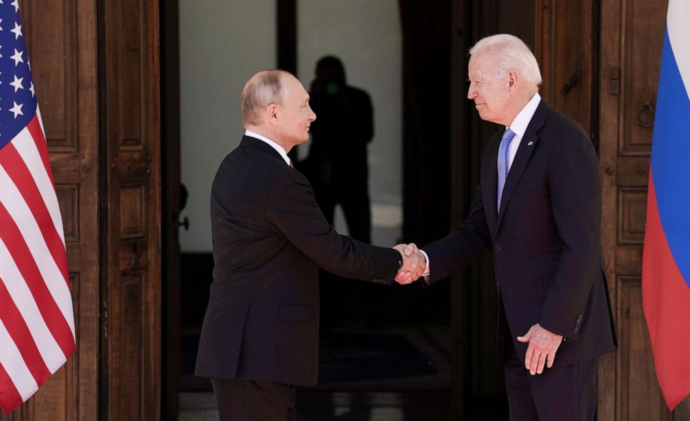 PHOTO: U.S. President Joe Biden and Russia's President Vladimir Putin shake hands as they arrive for the U.S.-Russia summit at Villa La Grange in Geneva, Switzerland, June 16, 2021.