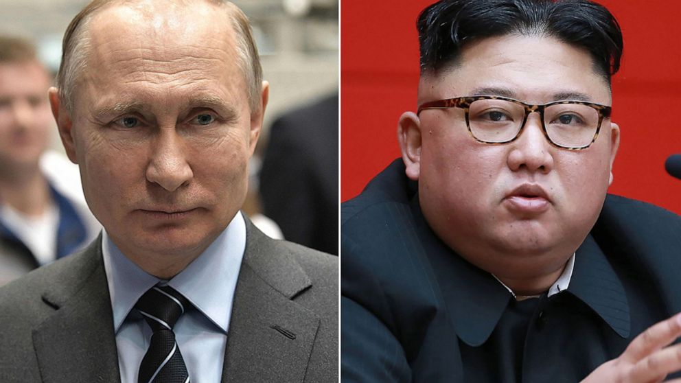 Russian President Vladimir Putin speaks with workers as he visits a rocket engine manufacturer  outside of Moscow, April 12, 2019. North Korean leader Kim Jong Un attends the 4th Plenary Meeting of the 7th Central Committee of the Workers' Party of Korea in a picture released, April 10, 2019.