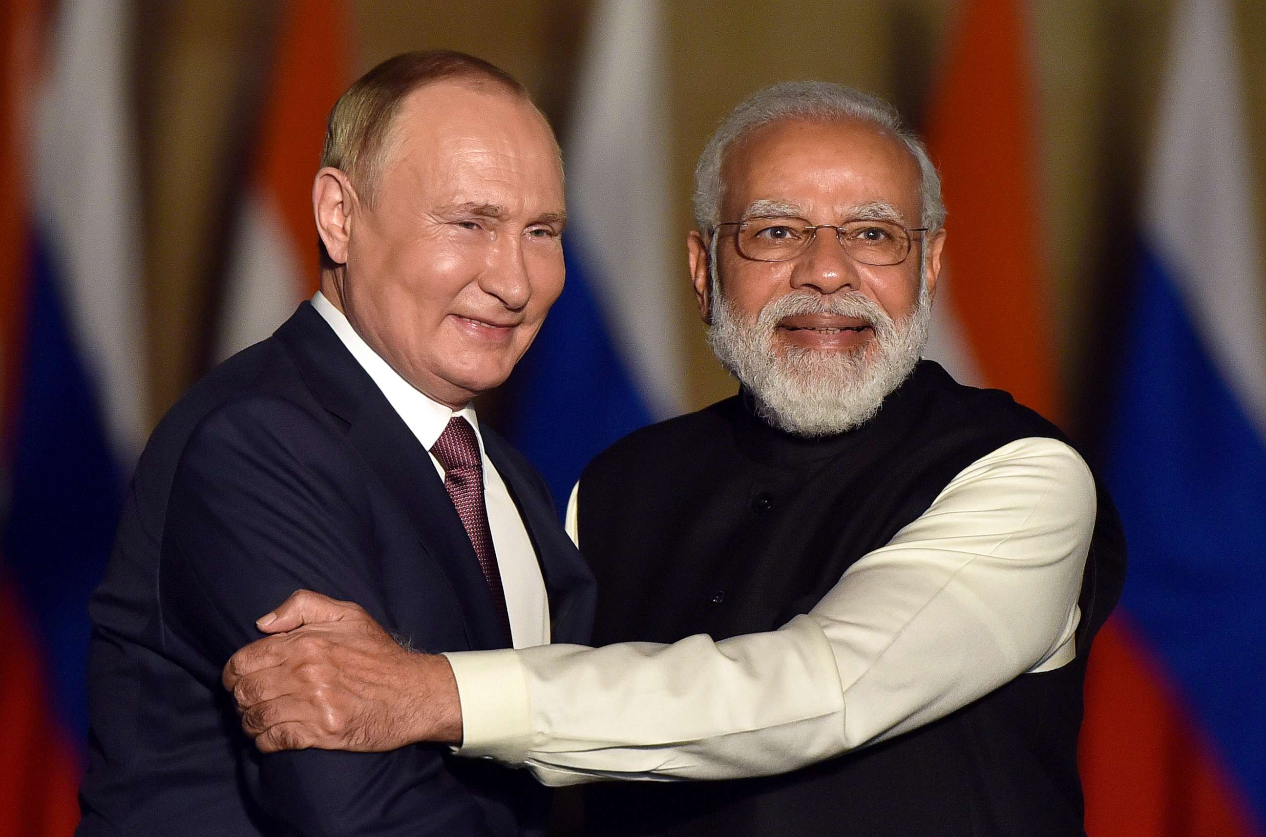 PHOTO: Prime Minister Narendra Modi with Russian President Vladimir Putin prior to their delegation meeting at Hyderabad House, Dec. 6, 2021 in New Delhi, India.