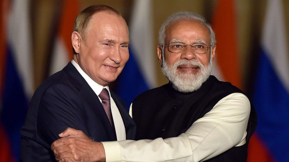 PHOTO: Prime Minister Narendra Modi with Russian President Vladimir Putin prior to their delegation meeting at Hyderabad House, Dec. 6, 2021 in New Delhi, India.