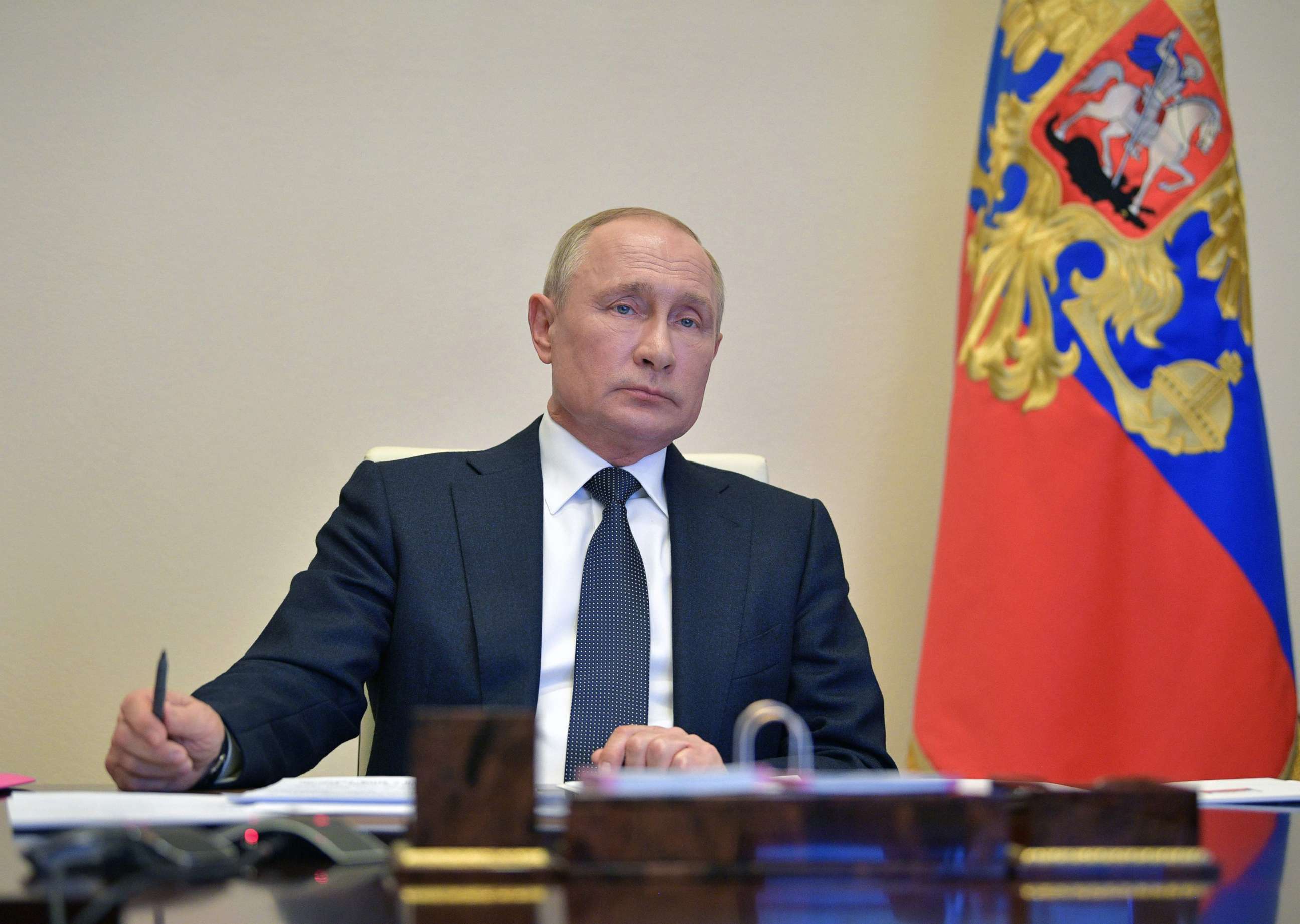 PHOTO: Russian President Vladimir Putin chairs a video conference meeting with heads of Russia's regions over the COVID-19, coronavirus pandemic at the Novo-Ogaryovo state residence outside Moscow on April 28, 2020. 