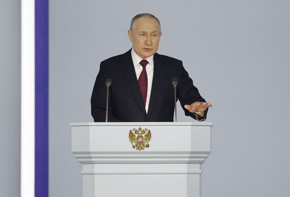 PHOTO: Russian President Vladimir Putin delivers his annual address to the Federal Assembly in Moscow, Feb. 21, 2023.