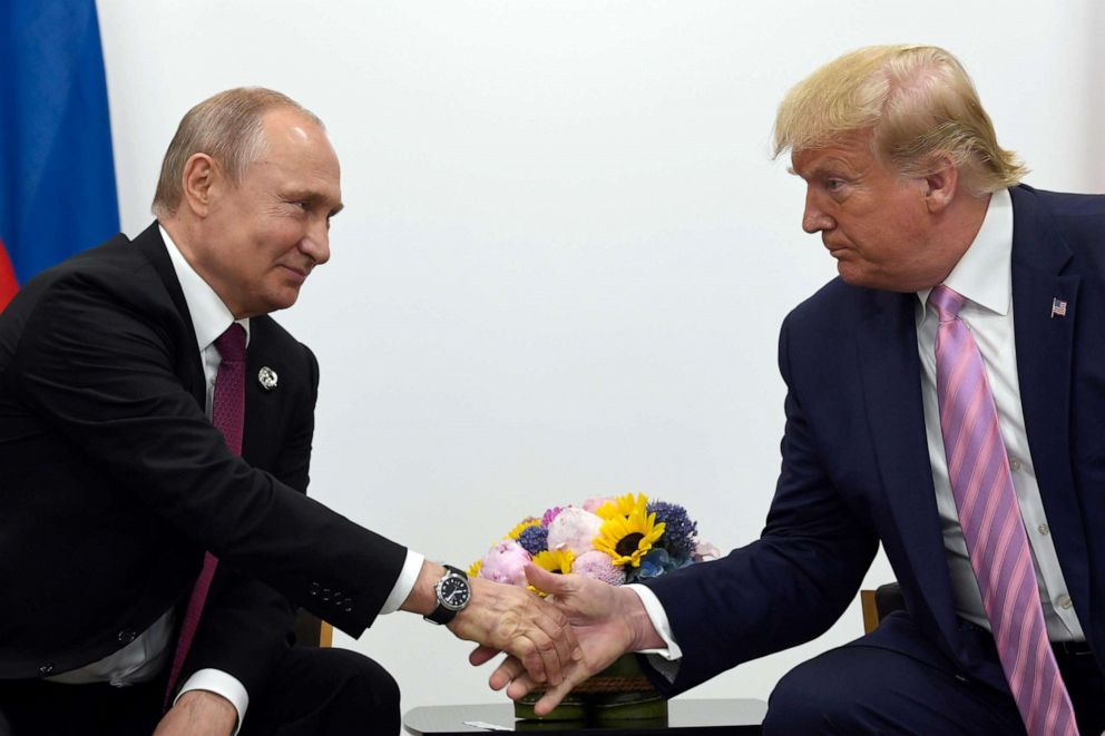PHOTO: President Donald Trump, right, shakes hands with Russian President Vladimir Putin, left, during a bilateral meeting on the sidelines of the G-20 summit in Osaka, Japan, June 28, 2019.
