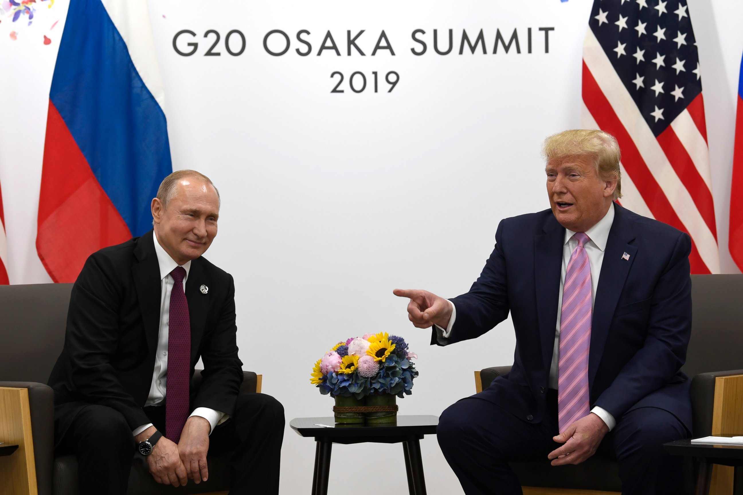 PHOTO: President Donald Trump, right, meets with Russian President Vladimir Putin during a bilateral meeting on the sidelines of the G-20 summit in Osaka, Japan, Friday, June 28, 2019. 