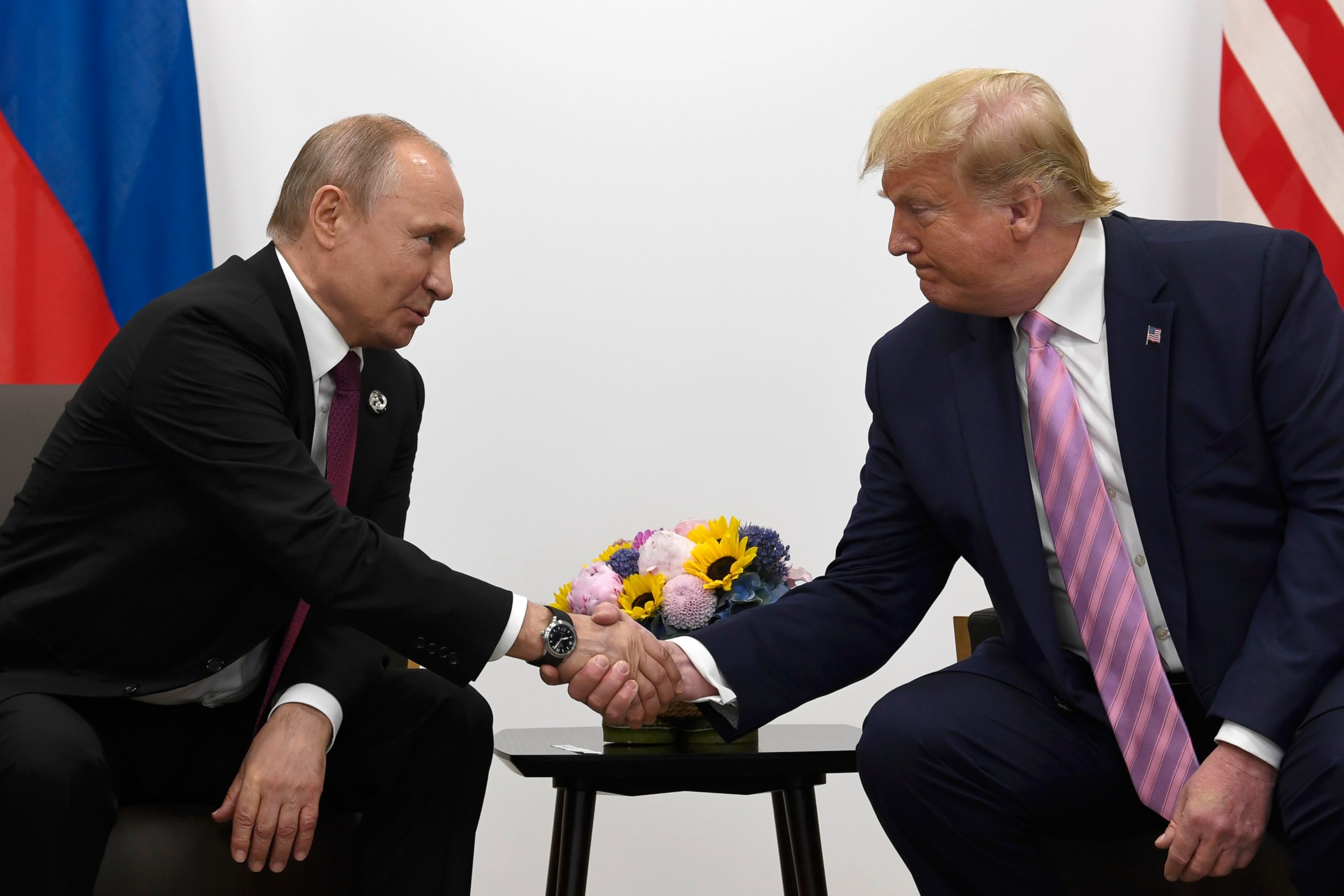 PHOTO: President Donald Trump, right, meets with Russian President Vladimir Putin during a bilateral meeting on the sidelines of the G-20 summit in Osaka, Japan, June 28, 2019.