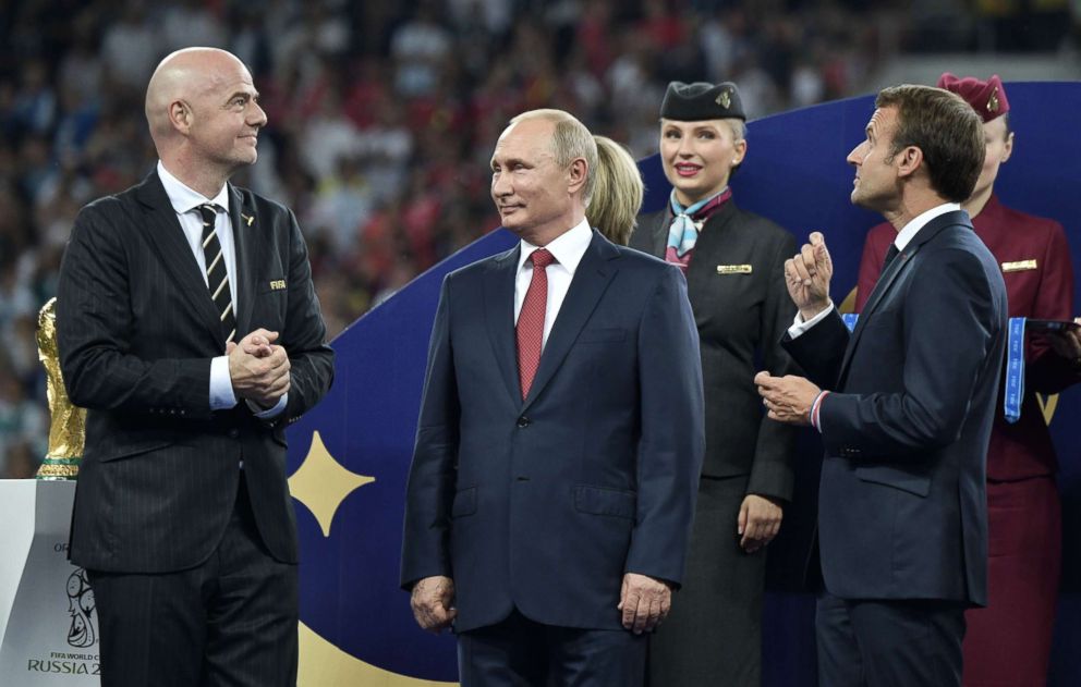 PHOTO: Russian President Vladimir Putin and French President Emmanuel Macron attend the award ceremony after the FIFA World Cup 2018 final between France and Croatia in Moscow, Russia, July 15, 2018.