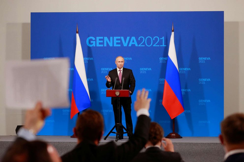 PHOTO: Russia's President Vladimir Putin holds a news conference after the U.S.-Russia summit with U.S. President Joe Biden at Villa La Grange in Geneva, June 16, 2021.