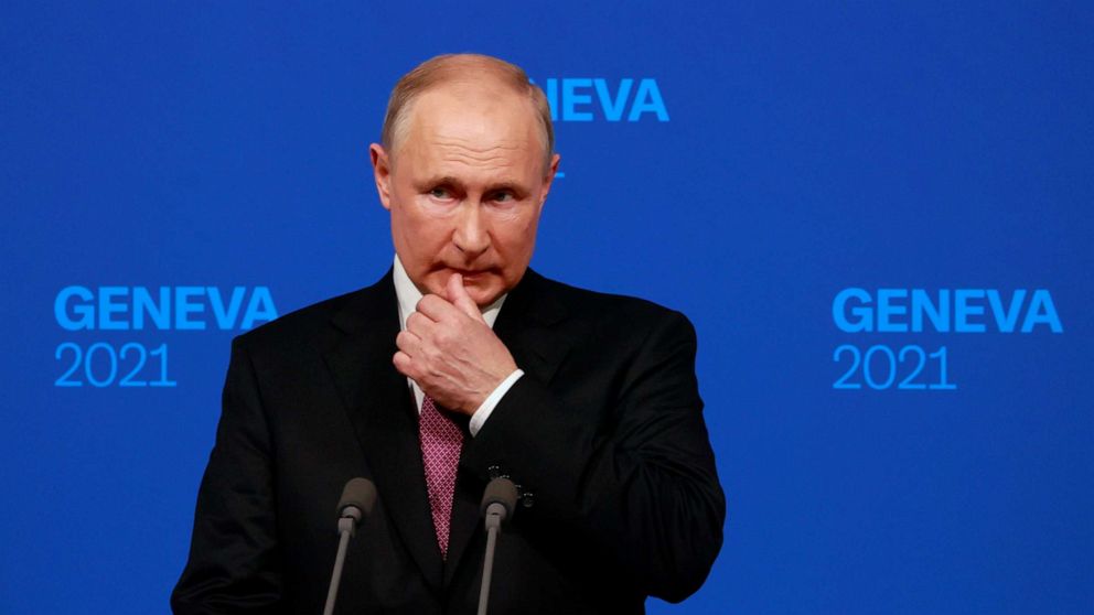 PHOTO: Russia's President Vladimir Putin holds a news conference after the U.S.-Russia summit with U.S. President Joe Biden at Villa La Grange in Geneva, June 16, 2021.