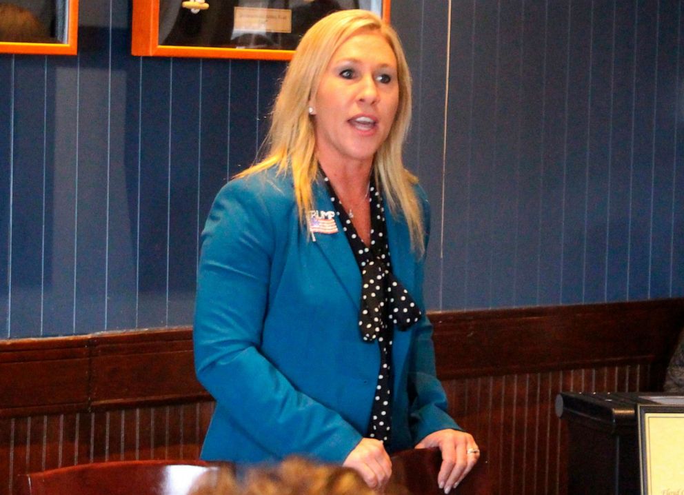 PHOTO:Marjorie Taylor Greene speaks to a GOP women's group in Rome, Ga., March 3, 2020.