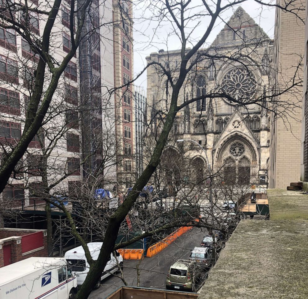 PHOTO: The Cathedral Church of St. John the Divine on the Upper West Side of Manhattan is seen from the window of Nina Tang's apartment, which she hasn't left in two weeks, March 31, 2020.