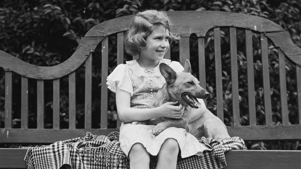 PHOTO: Princess Elizabeth, the future Queen Elizabeth II, with a Pembroke Welsh corgi dog sitting on a bench at her home in London, in July 1936.