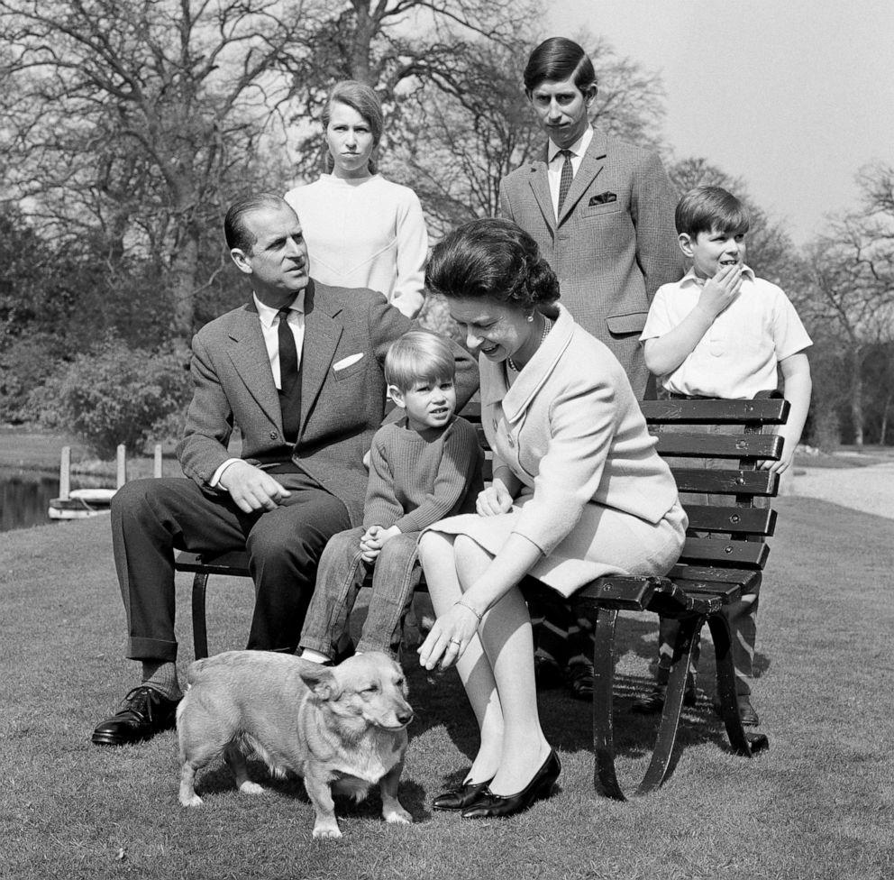 PHOTO: Queen Elizabeth and family pose for family photographs along with their pet corgi in the gardens at Frogmore House, April 21, 1968, in Windsor, England.
