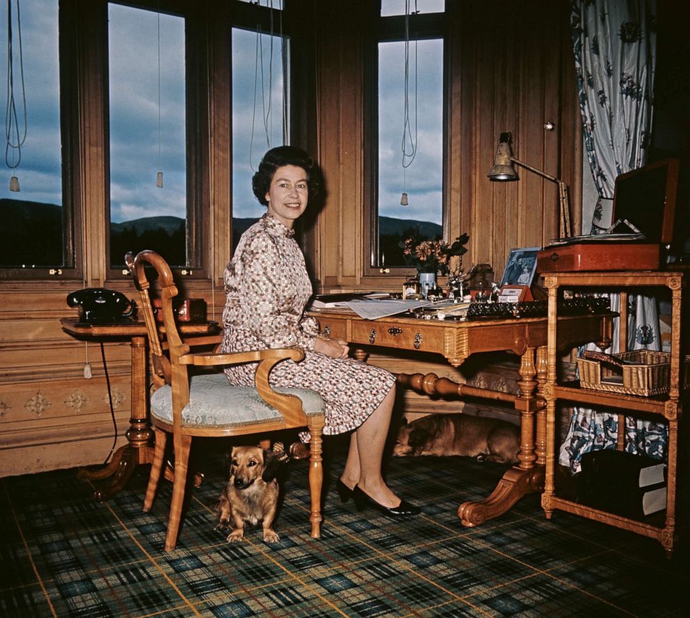 PHOTO: Queen Elizabeth II at the writing desk in her study with a few of her Corgis, at Balmoral Castle, Scotland, in 1972. 