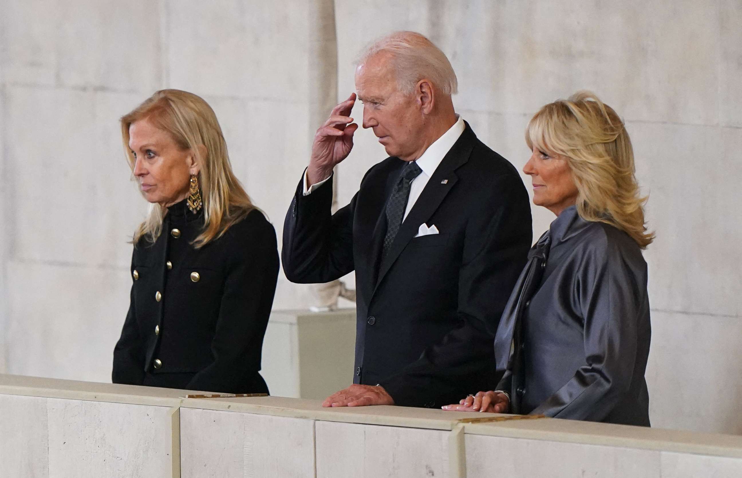 PHOTO: President Joe Biden and First Lady Jill Biden pay their respects as they view the coffin of Queen Elizabeth II, as it Lies in State inside Westminster Hall, at the Palace of Westminster in London on Sept. 18, 2022.