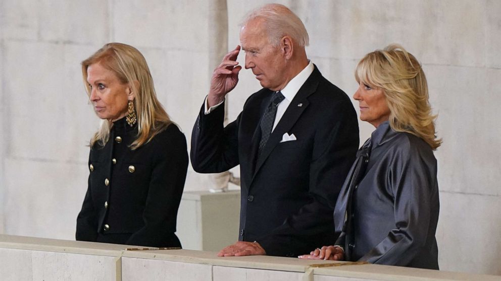 PHOTO: President Joe Biden and First Lady Jill Biden pay their respects as they view the coffin of Queen Elizabeth II, as it Lies in State inside Westminster Hall, at the Palace of Westminster in London on Sept. 18, 2022.