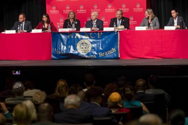 PHOTO: Queens District Attorney candidates from left, Jose Nieves, Mina Malik, Betty Lugo, Gregory Lasak, Rory Lancman, Melinda Katz, and Tiffany Caban participate in a candidates forum at St. Johns University in New York, June 13, 2019.