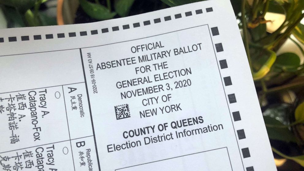 PHOTO: An official election ballot mailed to an ABC News employee in New York in September 2020 is missing a slash symbol between the words "military" and "absentee," which could lead some voters to think they received a military ballot.