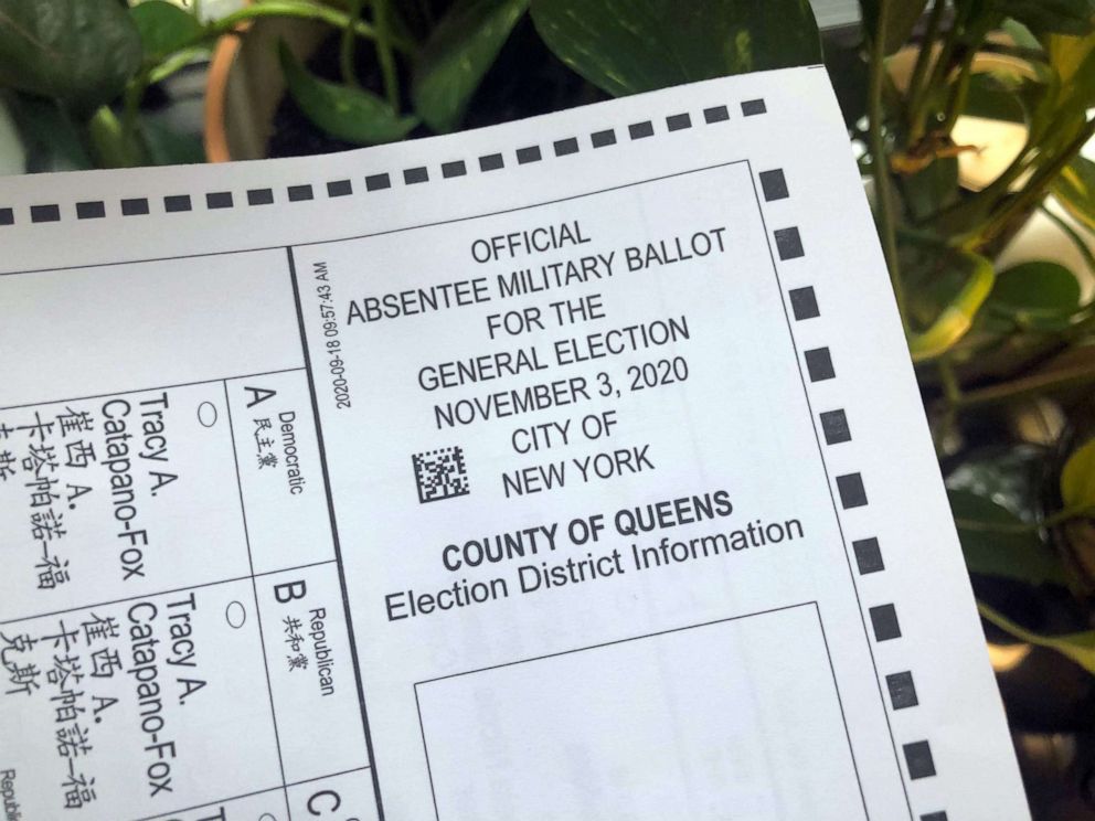 PHOTO: An official election ballot mailed to an ABC News employee in New York in September 2020 is missing a slash symbol between the words "military" and "absentee," which could lead some voters to think they received a military ballot.