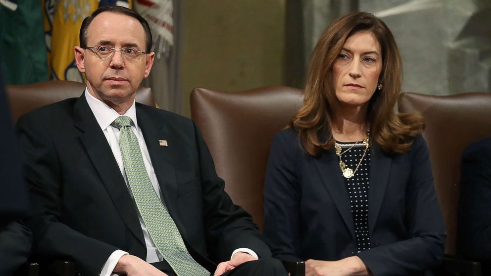 Deputy Attorney General Rod Rosenstein and Associate Attorney General Rachel Brand participate in a summit to discuss efforts to combat human trafficking, at the Justice Department, on Feb. 2, 2018 in Washington.