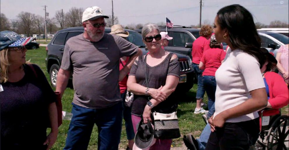 PHOTO: ABC Congressional Correspondent Rachel Scott speaks with Ohio voters in line to see former President Donald Trump speak at a campaign event in Delaware, Ohio.