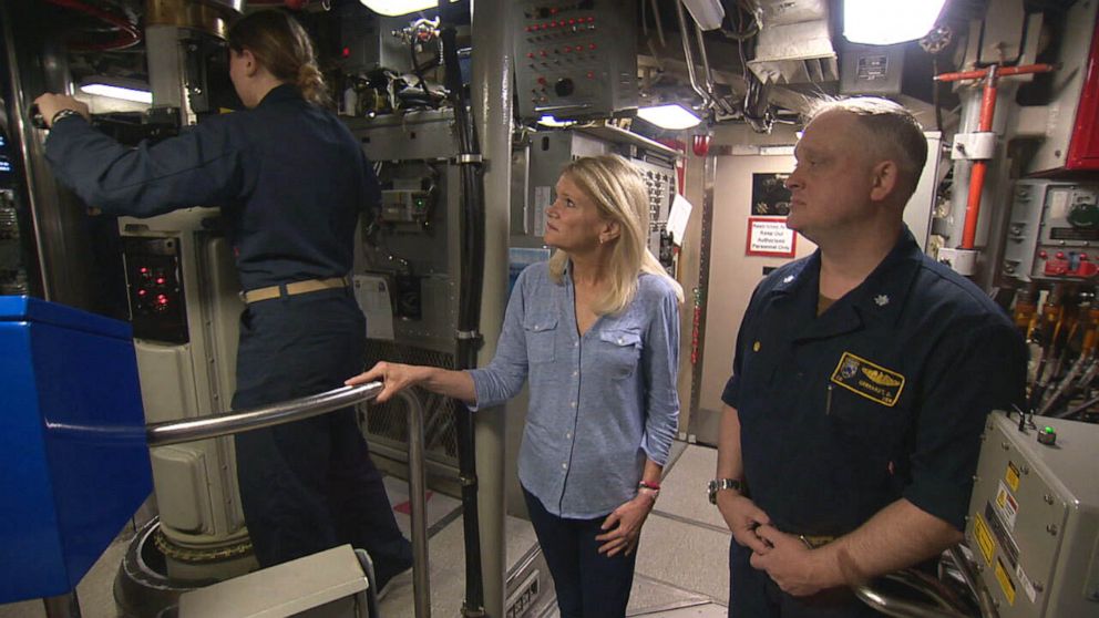 PHOTO: Martha Raddatz speaks to crew members during a recent visit to the U.S. Navy ballistic missile submarine USS Maine.