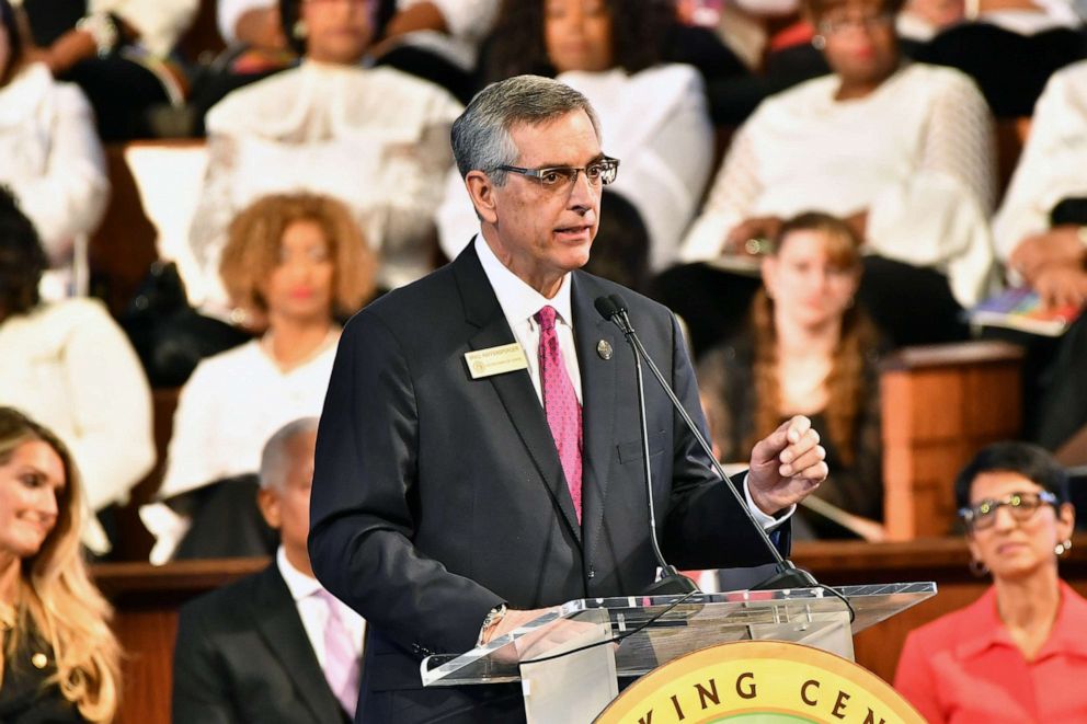 PHOTO: Georgia Secretary of State Brad Raffensperger speaks during the Martin Luther King, Jr. Commemorative Service at Ebenezer Baptist Church in Atlanta, Jan. 20, 2020.