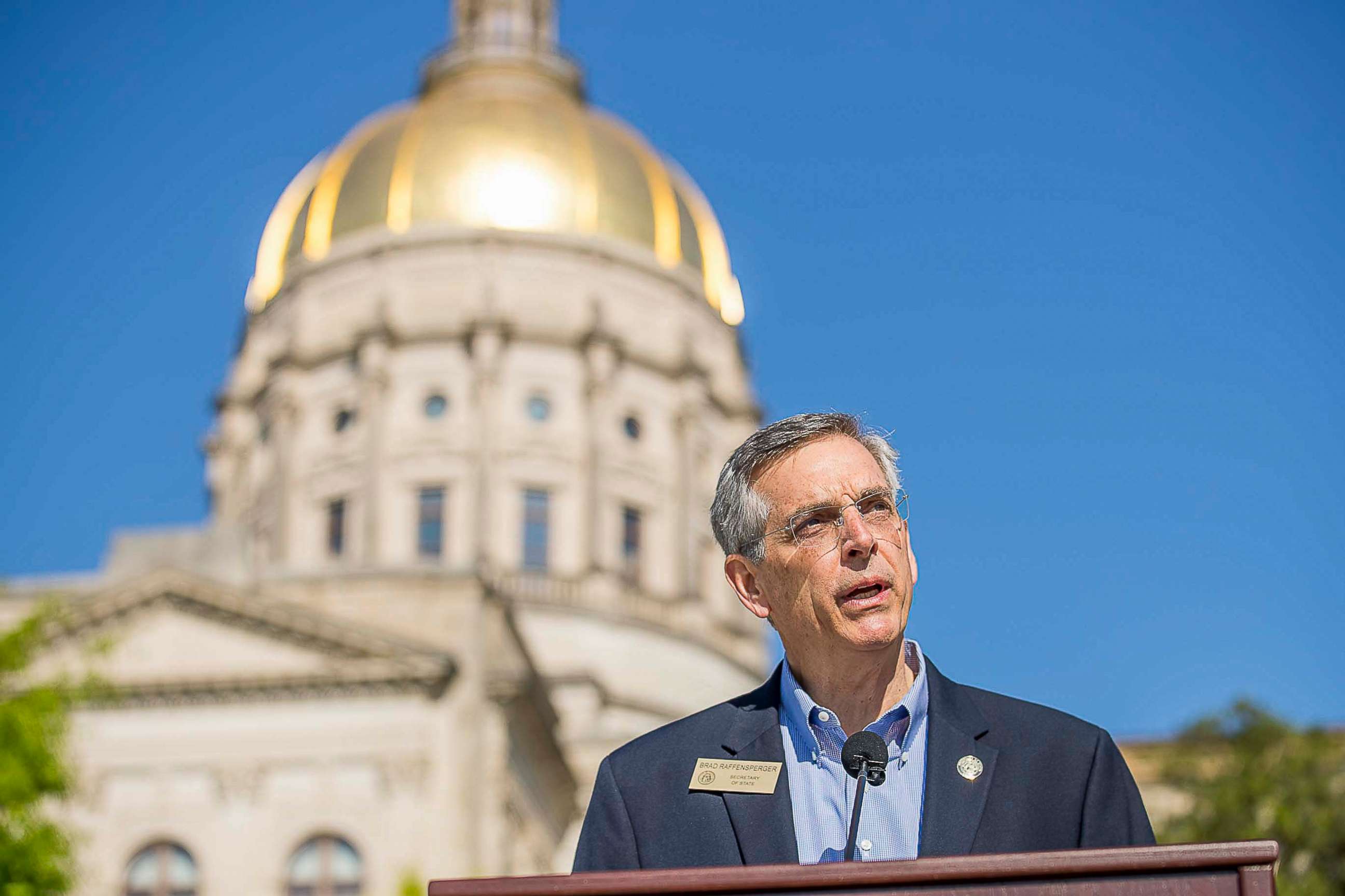 PHOTO: Georgia Secretary of State Brad Raffensperger speaks during a news conference at Liberty Plaza in downtown Atlanta, April 6, 2020.