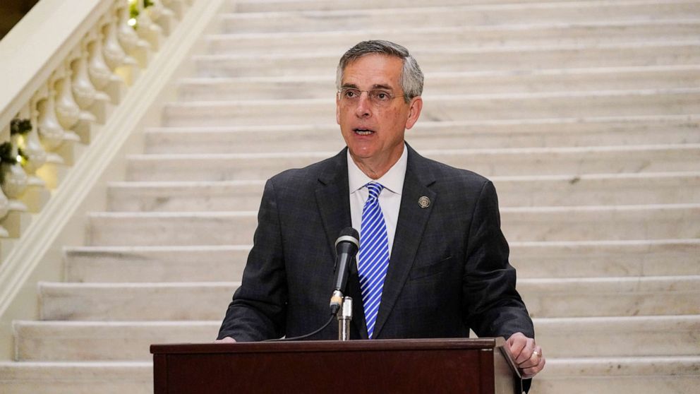 PHOTO: Georgia Secretary of State Brad Raffensperger speaks during a news conference, Nov. 20, 2020, in Atlanta.