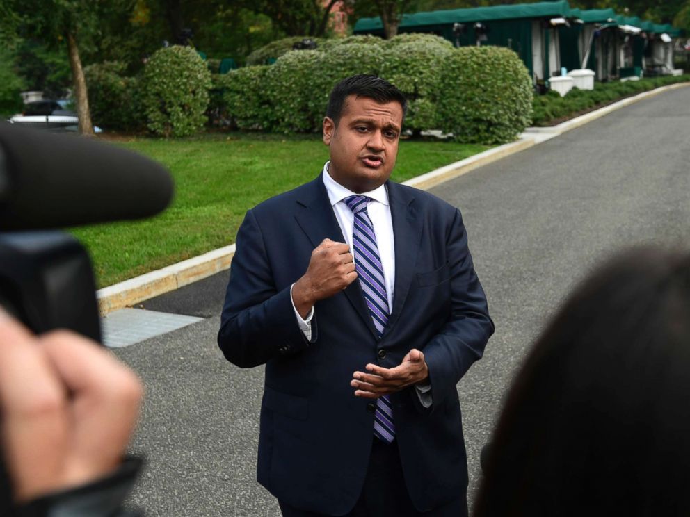 PHOTO: White House spokesman Raj Shah talks to reporters about the FBI investigation of Supreme Court nominee Brett Kavanaugh outside the West Wing of the White House in Washington, Oct. 4, 2018.