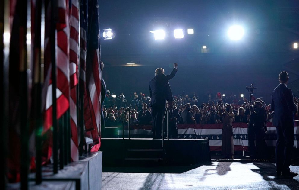 PHOTO: President Donald Trump gestures to the crowd after speaking during a campaign rally at Harrisburg International Airport, Sept. 26, 2020, in Middletown, Pa.