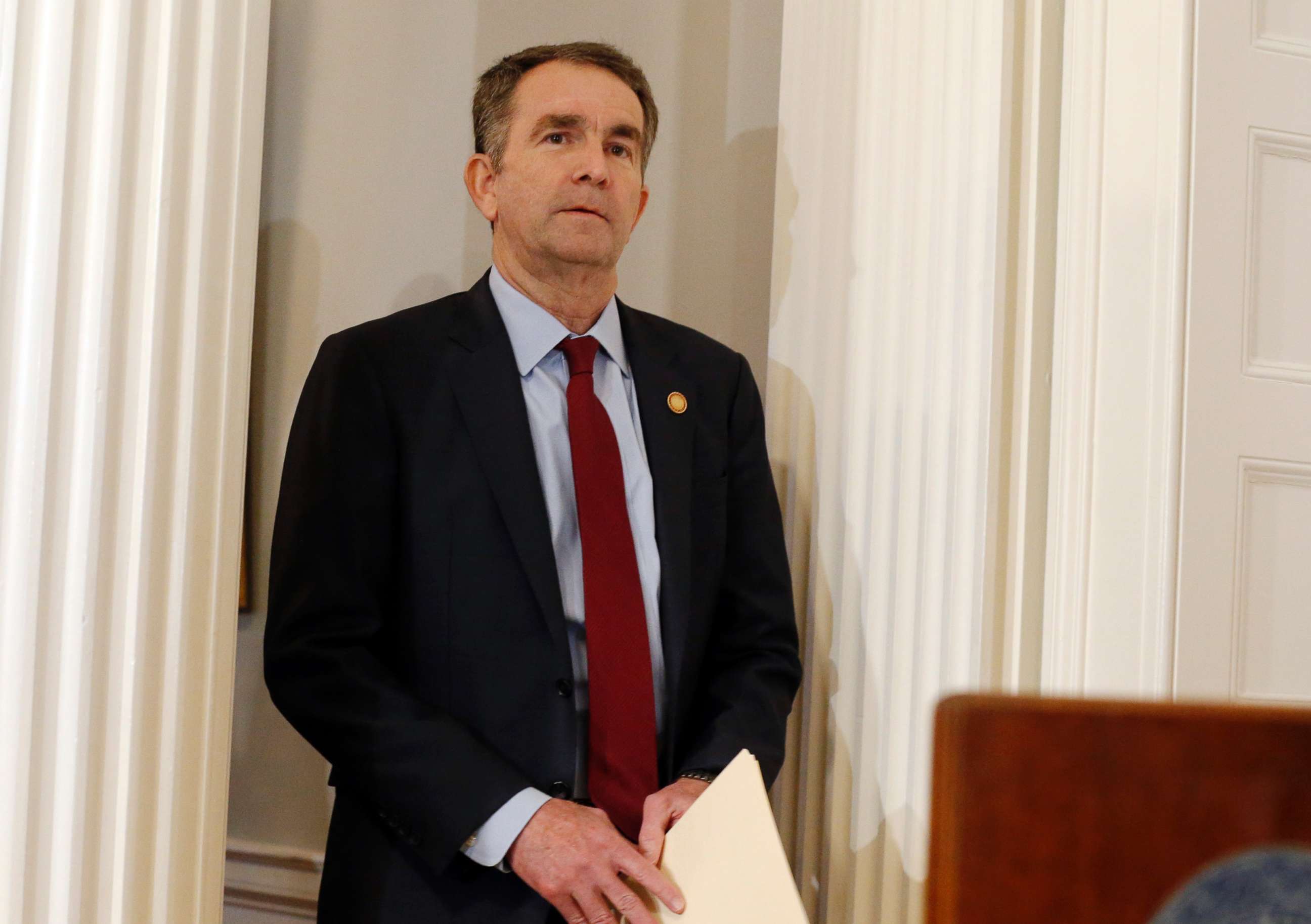 PHOTO: Virginia Gov. Ralph Northam arrives for a news conference in the Governor's Mansion in Richmond, Va., Feb. 2, 2019.