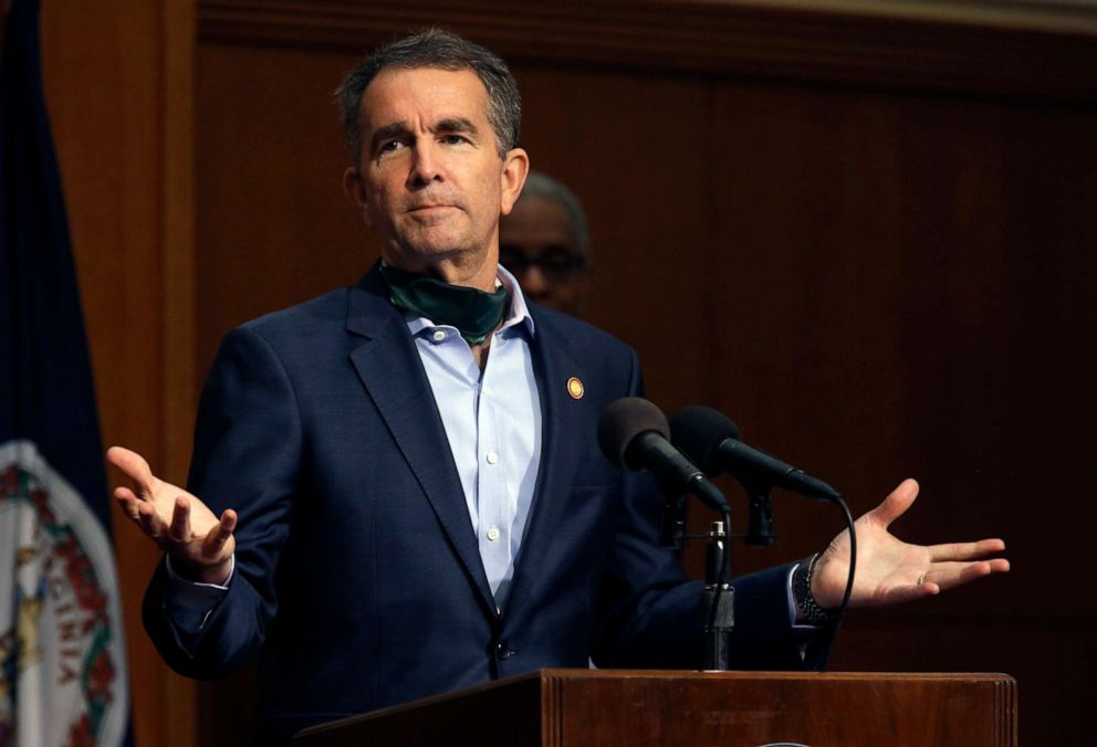 PHOTO: Virginia Gov. Ralph Northam gestures while answering a question during his press briefing inside the Patrick Henry Building in Richmond, Va., Monday, April 20, 2020.