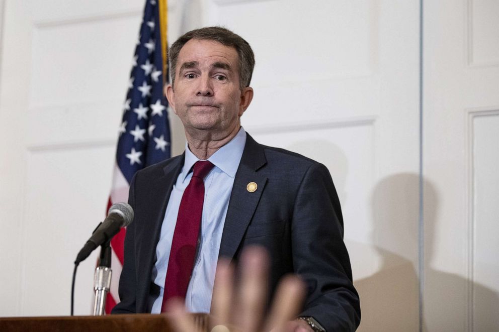 PHOTO: Virginia Governor Ralph Northam speaks with reporters at a press conference at the Governor's mansion on Feb. 2, 2019 in Richmond, Va.