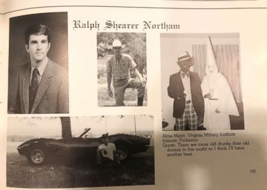 PHOTO: This image shows Virginia Gov. Ralph Northams page in his 1984 Eastern Virginia Medical School yearbook. The page shows a picture of a person in blackface and another wearing a Ku Klux Klan hood next to different pictures of the governor.