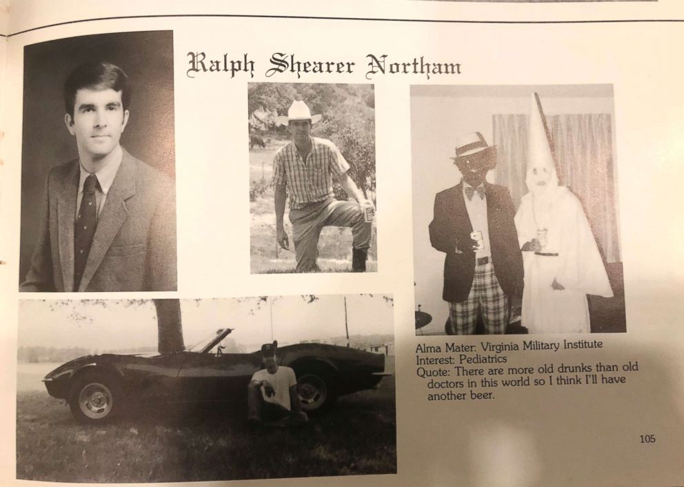 PHOTO: This image shows Virginia Governor Ralph Northam's page in her 1984 Virginia Medical School yearbook. The page shows an image of a black-faced person and another wearing a Ku Klux Klan hood next to different images of the governor.