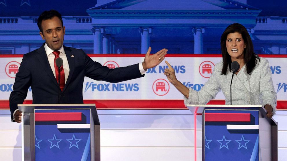 Photo: Republican presidential candidates Vivek Ramaswamy (L) and former UN Ambassador Nikki Haley take part in the first debate of the Republican primary hosted by FOX News at the Fiserv Forum on August 23, 2023 in Milwaukee, Wisconsin.