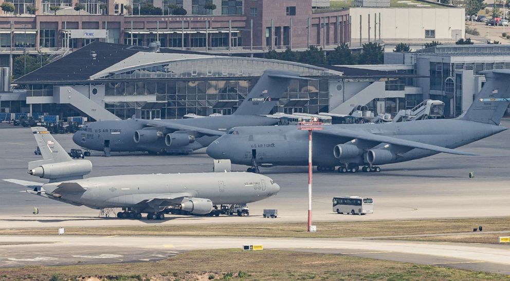 PHOTO: Military planes of the United States Air Force stand on the tarmac of Ramstein Air Base on July 20, 2020, in Ramstein-Miesenbach, Germany.