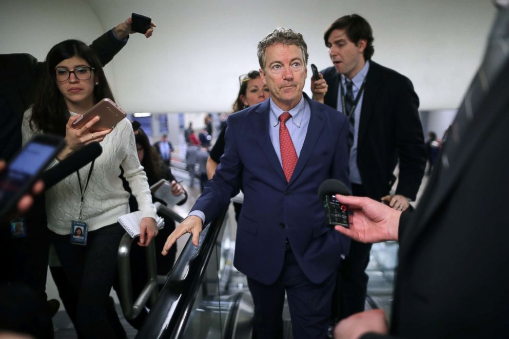 PHOTO: Sen. Rand Paul (R-KY) talks to reporters as he heads to the Capitol for the weekly Republican policy luncheon, March 5, 2019, in Washington, D.C. 