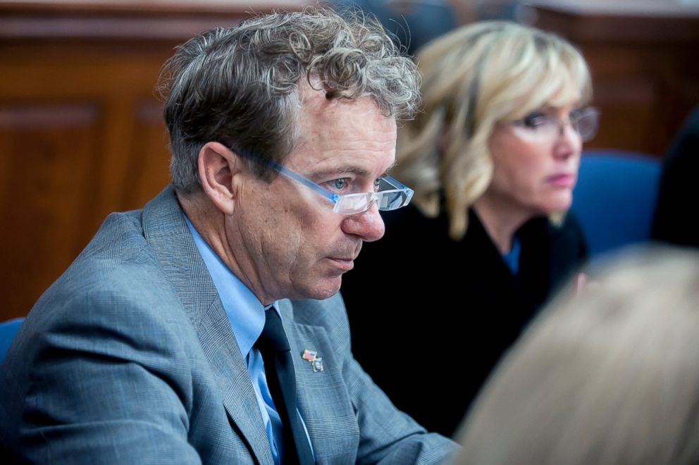 PHOTO: U.S. Sen. Rand Paul, left, R-Ky., and wife Kelley Paul listen to questions Monday, Jan. 28, 2019, during jury selection in a civil trial in Warren Circuit Court in Bowling Green, Ky.