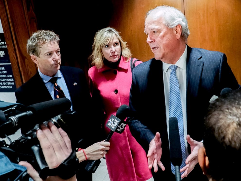 PHOTO: Tom Kerrick, right, attorney for U.S. Sen. Rand Paul, left, speaks to members of the media Wednesday, Jan. 30, 2019.