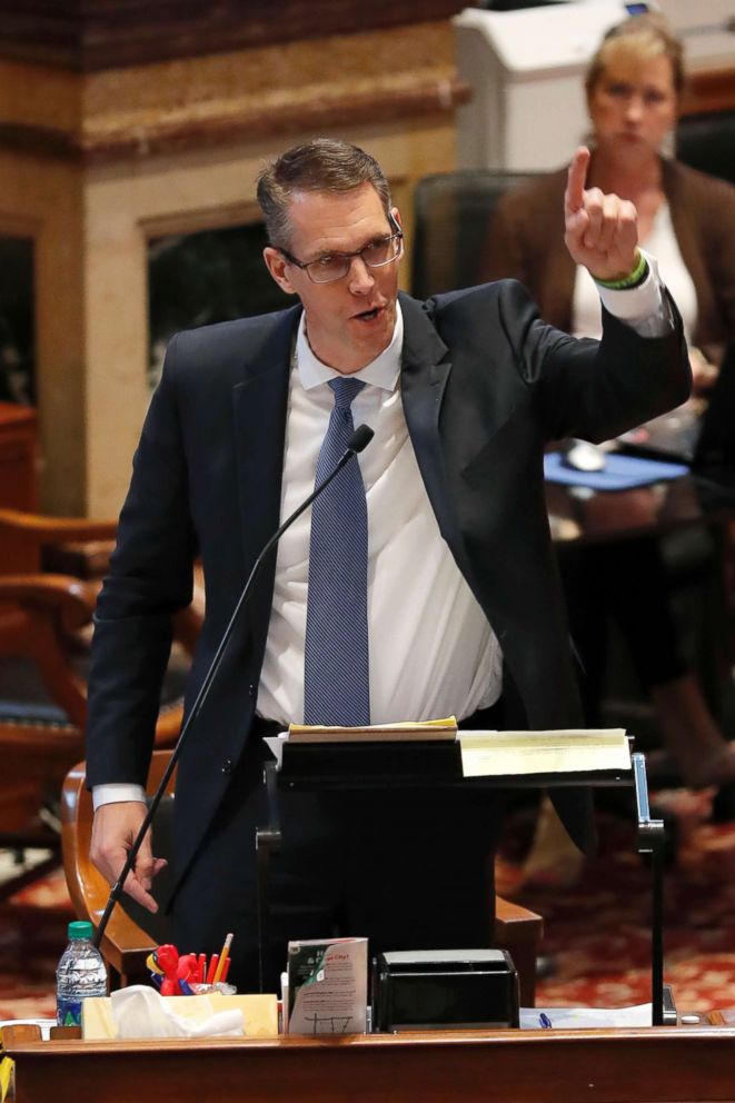 PHOTO: Sen. Randy Feenstra speaks during debate on the tax bill in the Iowa Senate, May 5, 2018, at the Statehouse in Des Moines, Iowa.