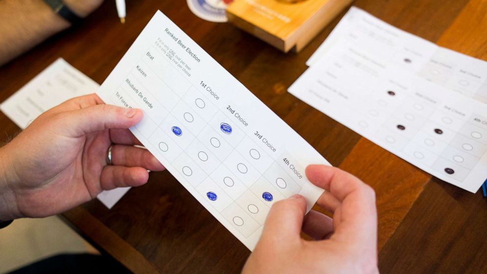 PHOTO: A demonstration of ranked choice voting put on by the Committee for Ranked Choice Voting to demonstrate how it works to the public, in South Portland, Maine, Aug. 23, 2016.