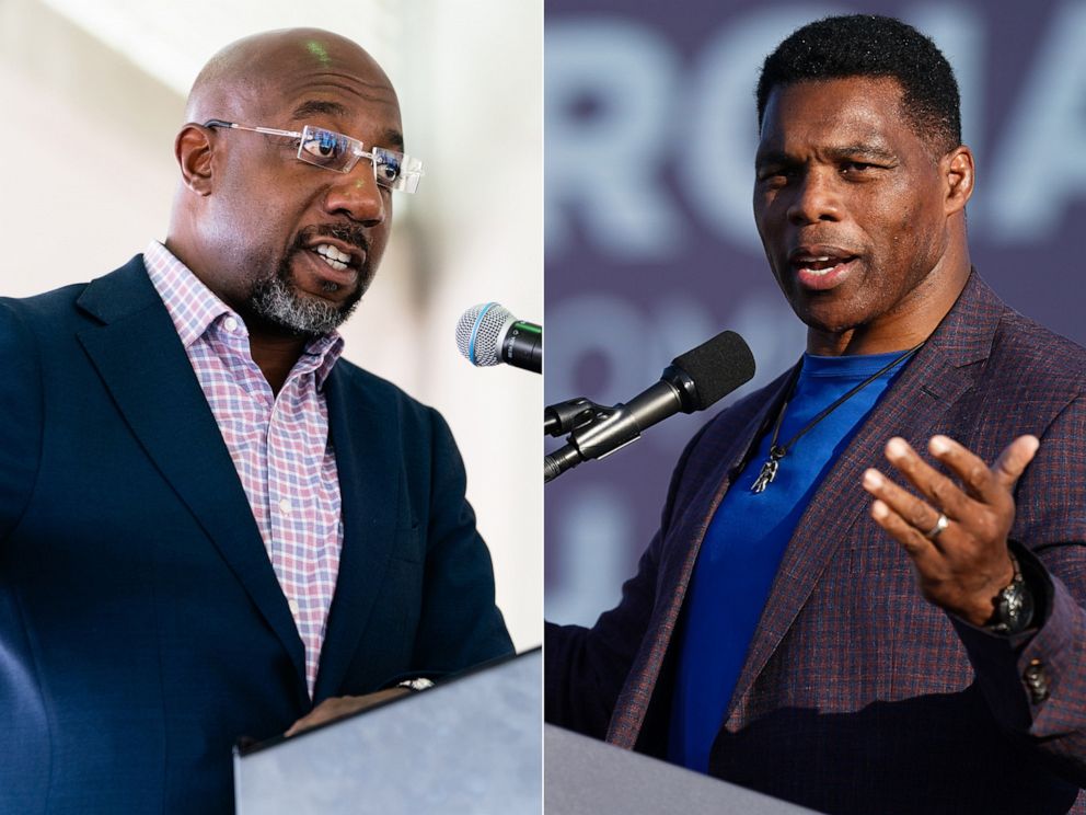 PHOTO: Sen. Raphael Warnock, speaks during a campaign rally in Conyers, Ga., on Aug. 18, 2022. | Republican Senate candidate Herschel Walker speaks at a rally on Sept. 25, 2021, in Perry, Ga.