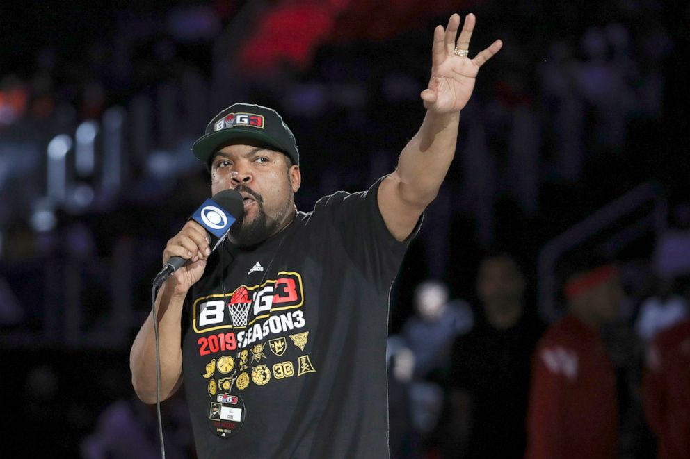 PHOTO:   Ice Cube speaks to the crowd before the basketball game between the 3 Headed Monsters and the Trilogy in Detroit, June 22, 2019.