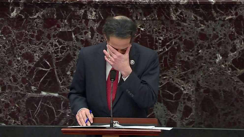 PHOTO: House lead impeachment manager Rep. Jamie Raskin becomes emotional as he discusses his and his family's experiences inside the U.S. Capitol during the siege on January 6, during the second impeachment trial, Feb. 9, 2021, in Washington.