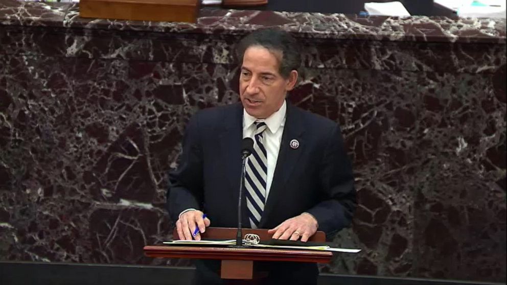 PHOTO: Lead Impeachment Manager Rep. Jamie Raskin speaks on the third day of former President Donald Trump's second impeachment trial at the U.S. Capitol, Feb. 11, 2021, in Washington, DC.