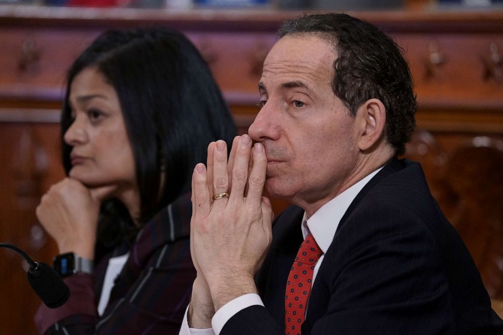 PHOTO: Rep. Jamie Raskin, D-Md., joined at left by Rep. Pramila Jayapal, D-Wash., listens to testimony from legal scholars during a House Judiciary Committee hearing on impeachment on Capitol Hill in Washington, Wednesday, Dec. 4, 2019.