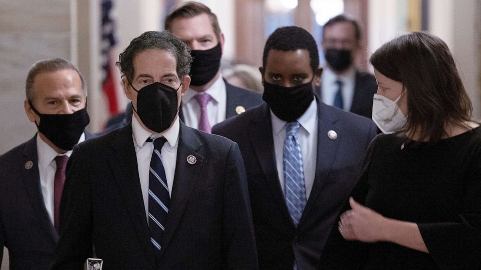 PHOTO: House impeachment managers led by Rep. Jamie Raskin, depart the Senate Chamber at the conclusion of former President Donald Trump's second impeachment trial, Feb. 13, 2021, in Washington, D.C. The Senate voted 57-43 to acquit Trump.