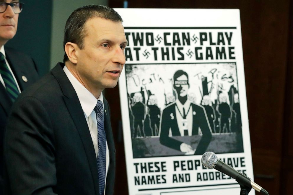 PHOTO: Raymond Duda, FBI Special Agent in Charge in Seattle, speaks as he stands next to a poster that was mailed earlier in the year to the home of Chris Ingalls, an investigative reporter in Seattle, Feb. 26, 2020, during a news conference in Seattle.